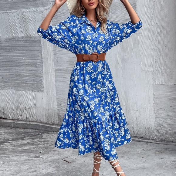 Bohemian Blue Floral Button up Ruffle Midi Dress - Picture 6 of 7